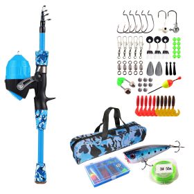 Kids Fishing Pole Set Fishing Starter Kit Telescopic Fishing Rod and Reel Combo Kit with Tackle Box 56Pcs Fishing Lures for Boys Girls (Color: Blue, size: 1.5M)